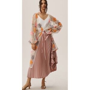 Anthropologie Floral Shine Tie-Front Kimono Embroidered Romance One Size NEW